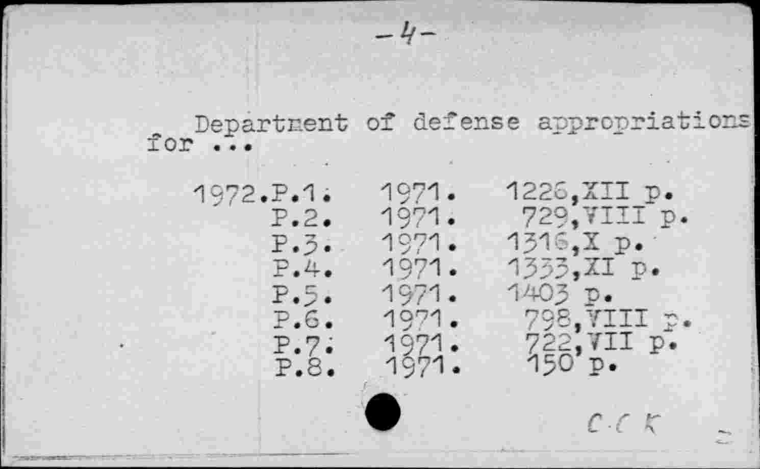 ﻿Departuent of defense aopronriations
Ior ...	*
P.2.
P.5.
P.4.
P.5.
P.6.
P.7.
P.8.
1971
1971
1971
1971
1071
1223,XII p.
729,VIII p.
1316,1 p.
1553,XI p.
1403 'О.
798,VIII p.
722,711 p.
150 n.